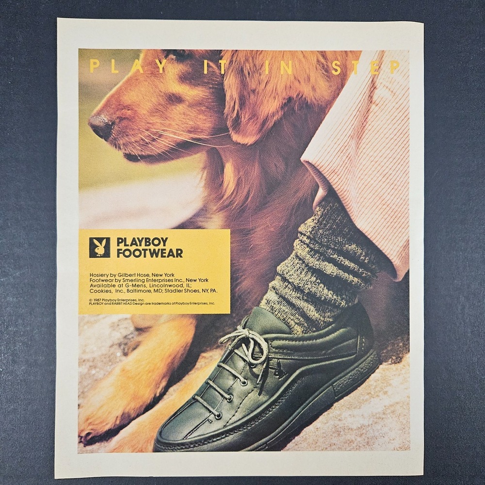 1987 Playboy Footwear Gilbert Hose Smerling Vintage Print Ad Retriever Dog Shoes
